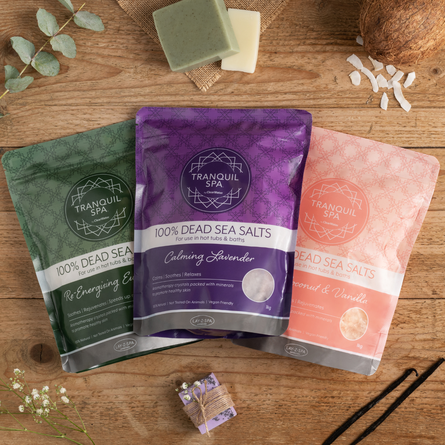 the natural ingredients of the tranquil spa dead sea salt collection