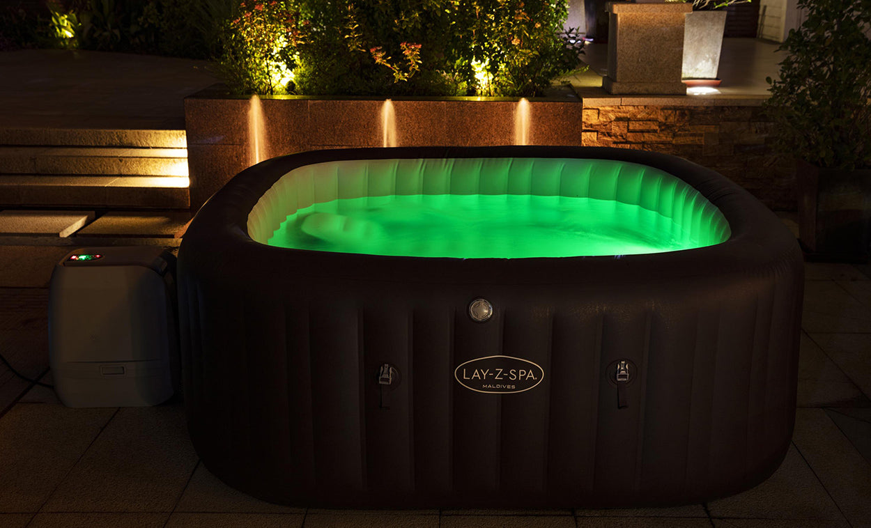 square hot tub with lights